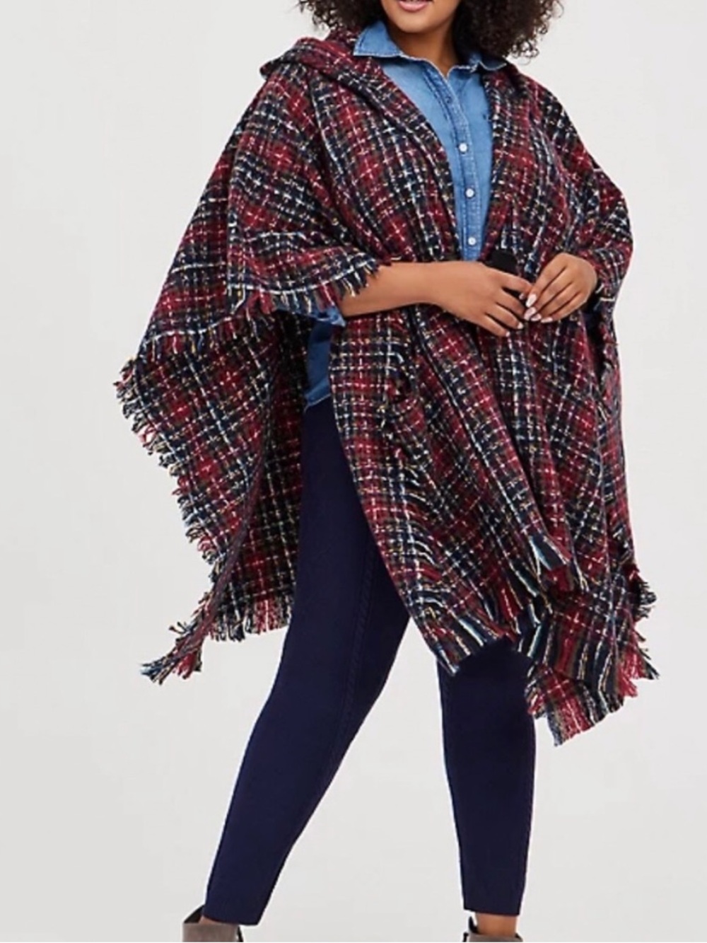 Torrid Hooded Ruana Plaid Poncho One Size - Picture 2 of 6
